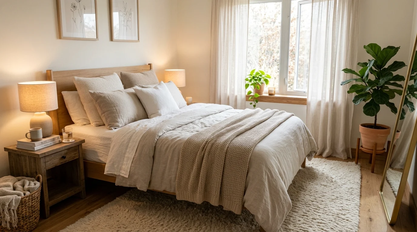 Cozy bedroom ideas with soft lighting, neutral bedding, and relaxing decor
