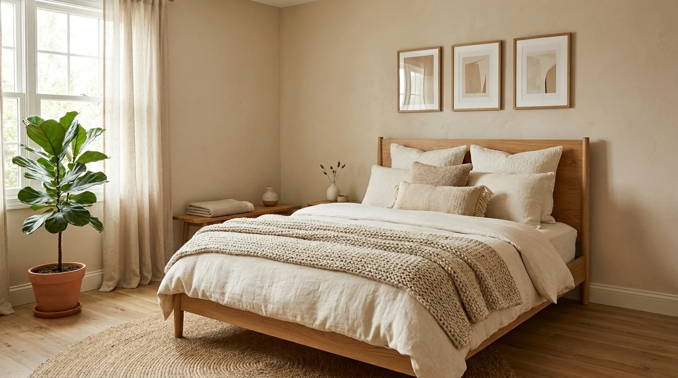 Cozy bedroom with warm neutral colors beige walls and cream bedding