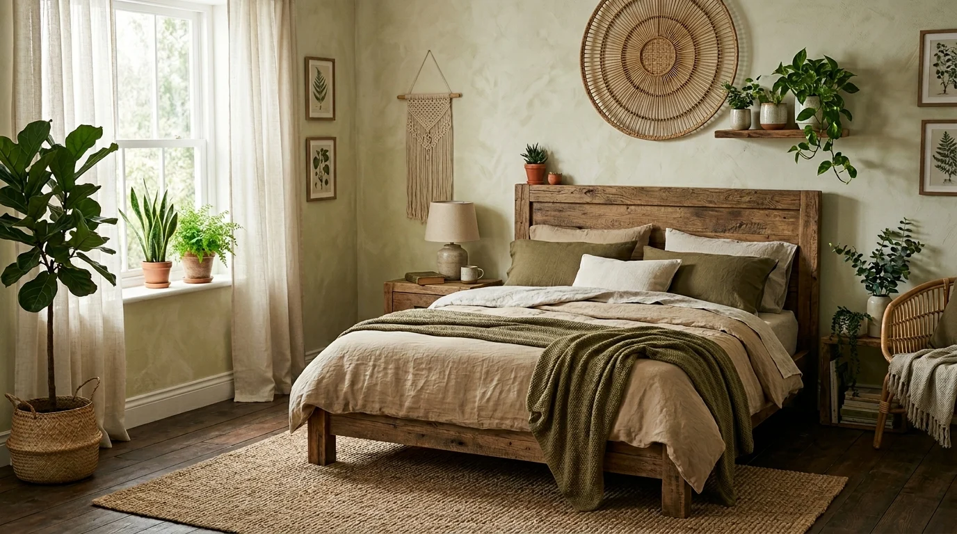 Earthy bedroom design with rustic wood, linen bedding, and natural textures