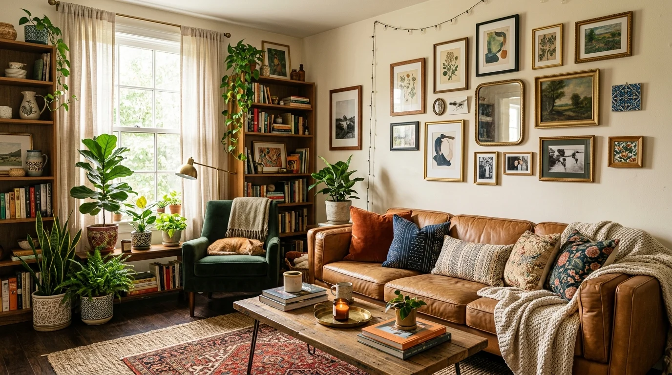 Eclectic home decor with warm textures, mixed furniture, and cozy styling