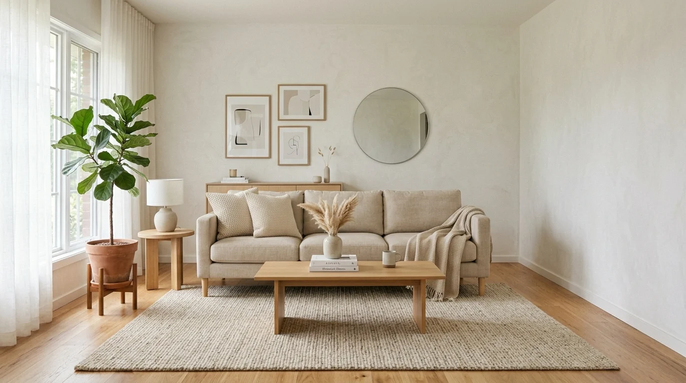 Minimalist living room with neutral tones and open airy design
