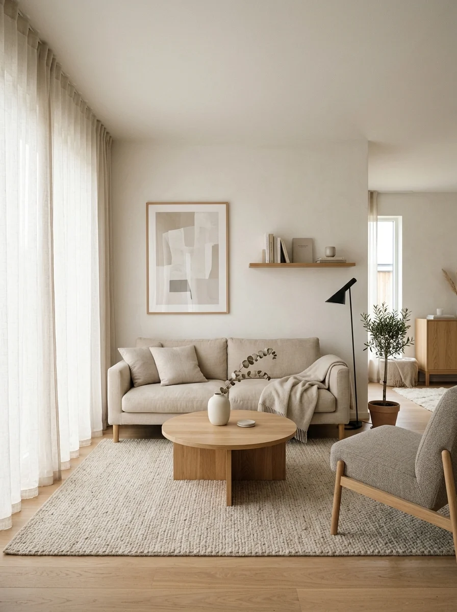 Minimalist house design with neutral tones, natural light, and clean modern decor