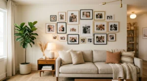 Photo wall decor with gallery frames adding a personal touch to living room