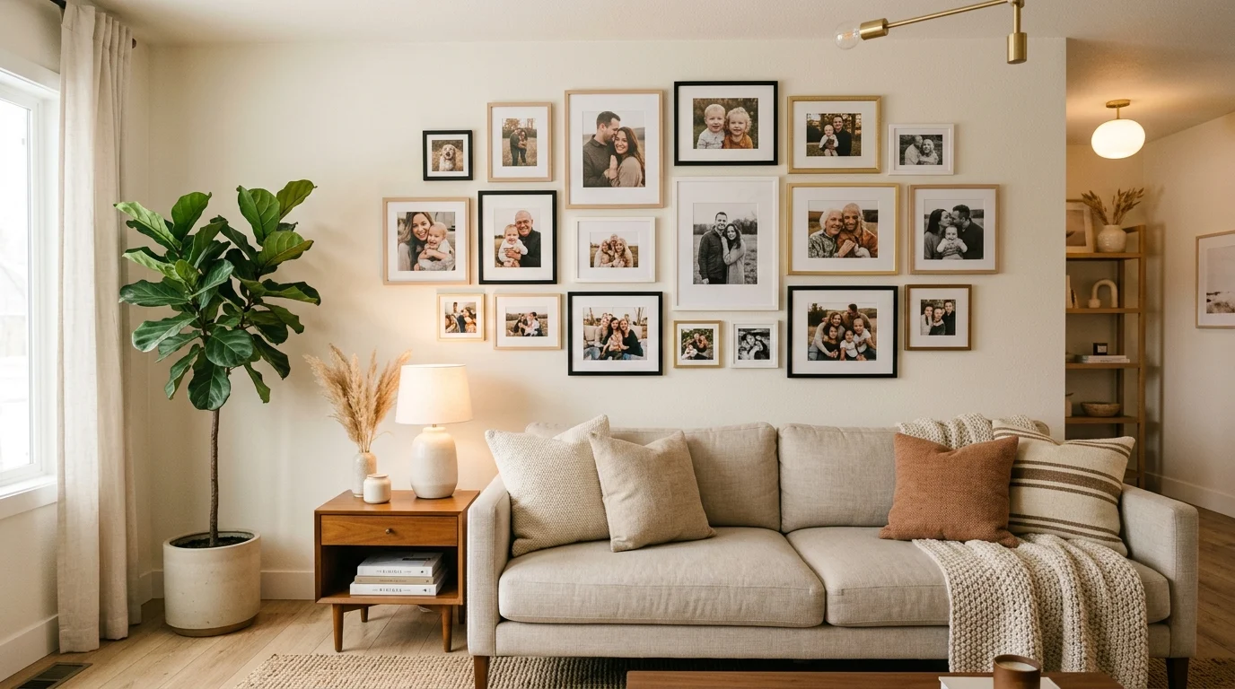 Photo wall decor with gallery frames adding a personal touch to living room