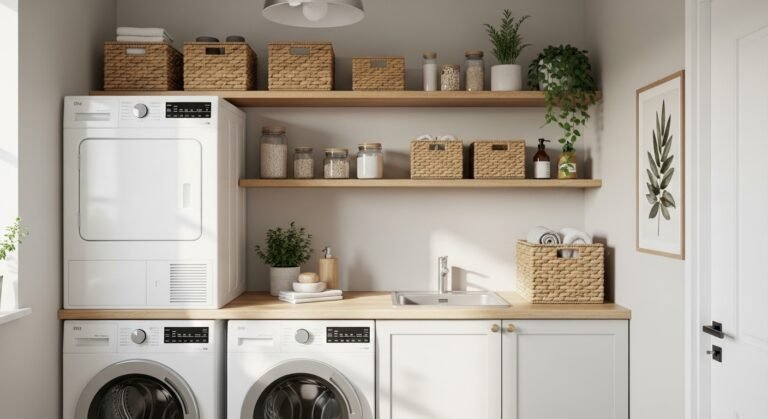 Small laundry room makeover with shelves, countertop, baskets, and modern decor in neutral tones