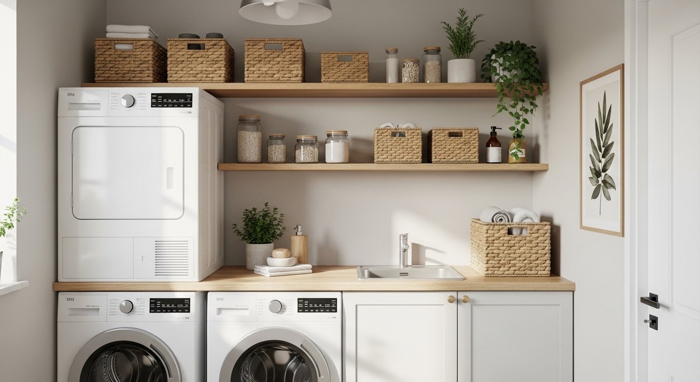 Small laundry room makeover with shelves, countertop, baskets, and modern decor in neutral tones