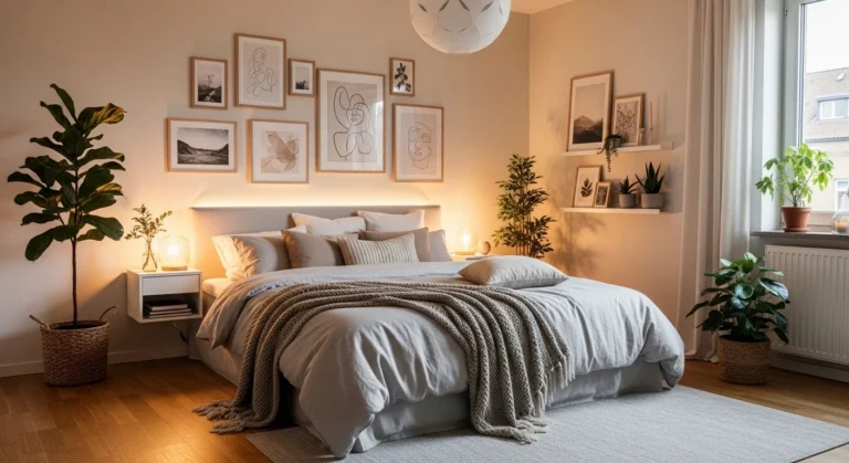 Stylish bedroom wall decor ideas with gallery wall and cozy lighting