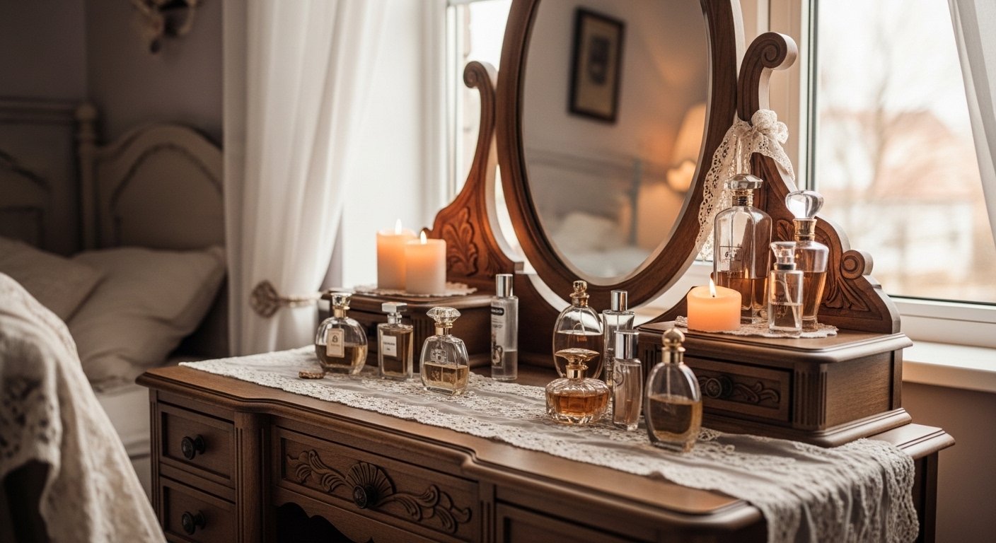 Vintage vanity table with antique mirror and soft romantic decor in a cozy bedroom