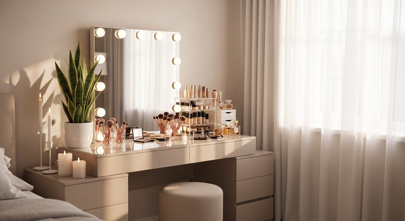 Aesthetic vanity inspo setup with glowing mirror lights and cozy bedroom decor