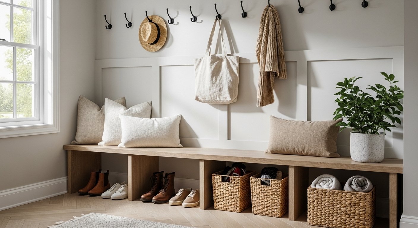 Organized mudroom entryway with bench, hooks, and storage baskets in a cozy neutral setup