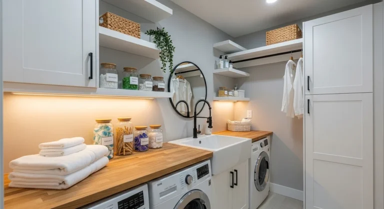 Modern stylish laundry room with white cabinets, wood accents, and organized storage