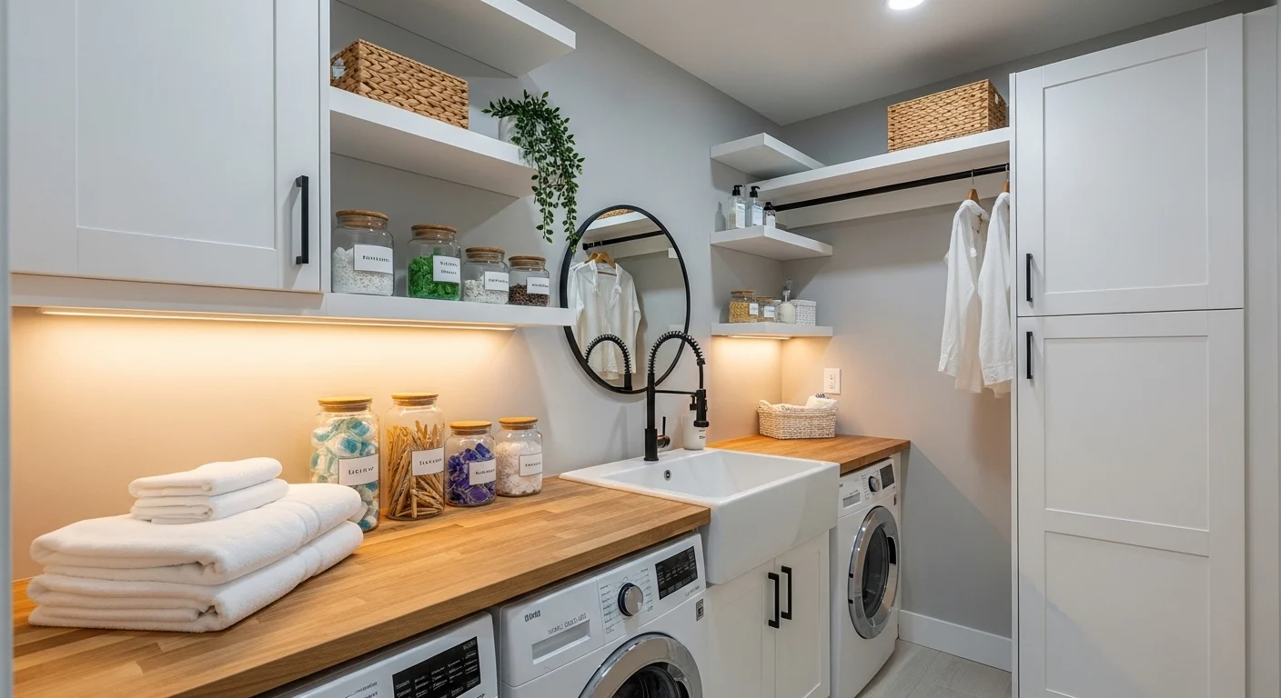 Modern stylish laundry room with white cabinets, wood accents, and organized storage