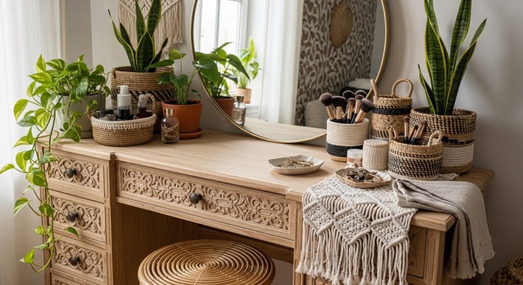 Boho vanity setup with natural textures and warm earthy decor
