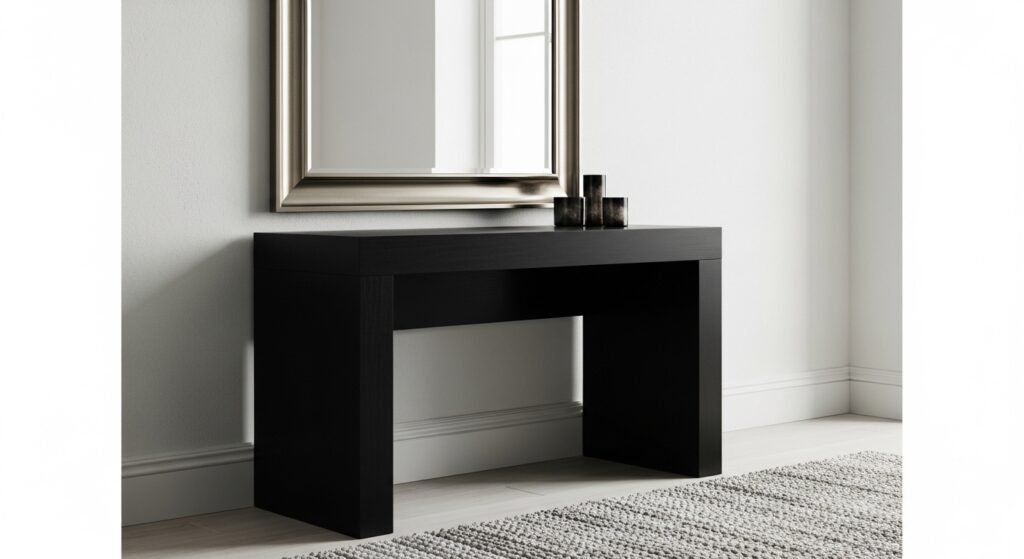 Dark vanity table adding bold contrast to a bright room