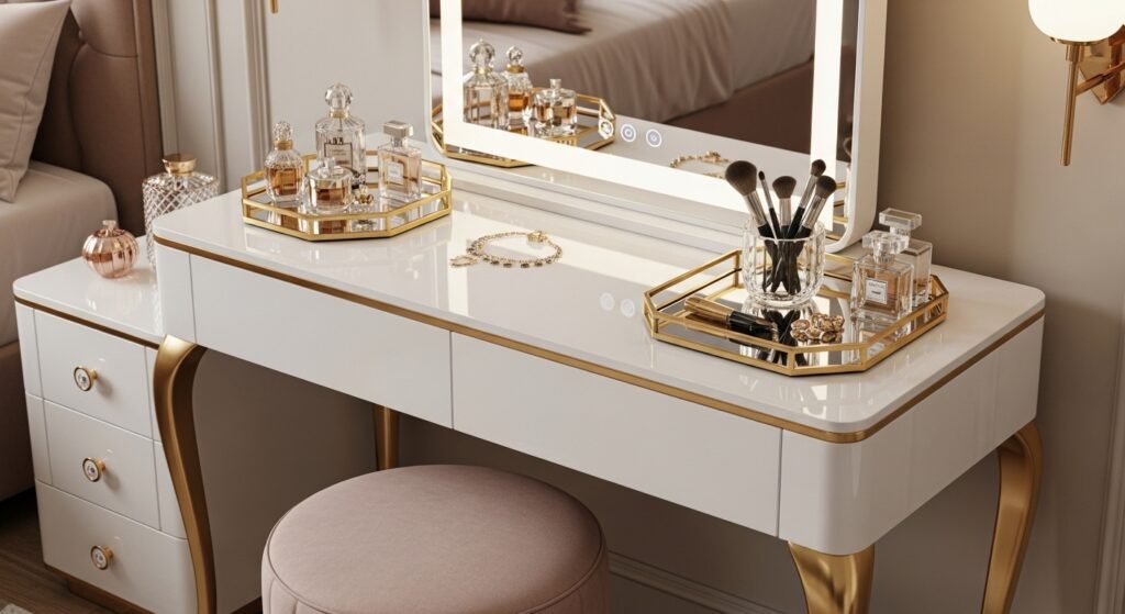 Glam vanity table with gold accents and soft luxurious decor