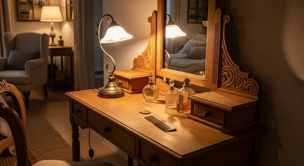 Vintage wooden vanity table with warm tones and classic decor