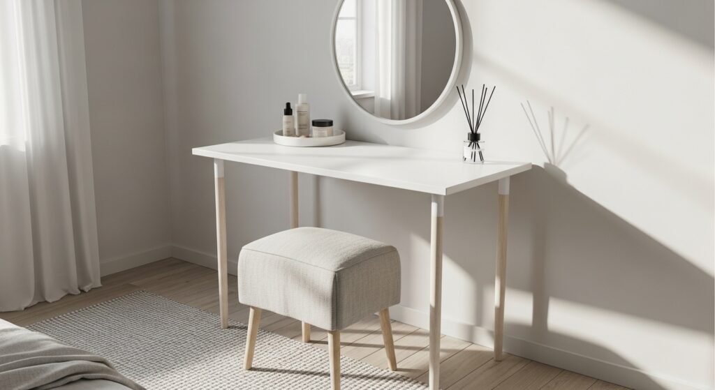 Minimal white vanity table with clean lines and soft neutral decor