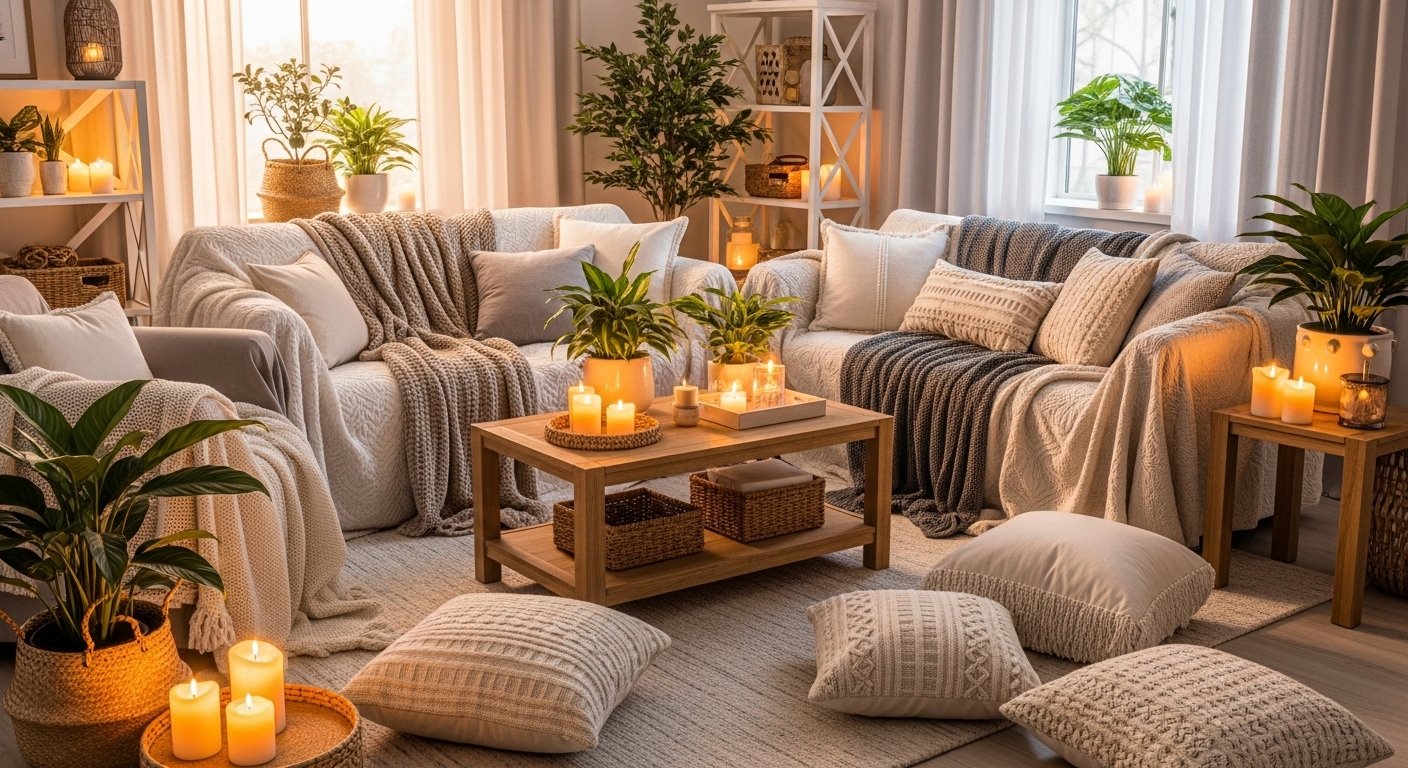 Cozy home interior with warm lighting, blankets, and soft decor creating a relaxing atmosphere