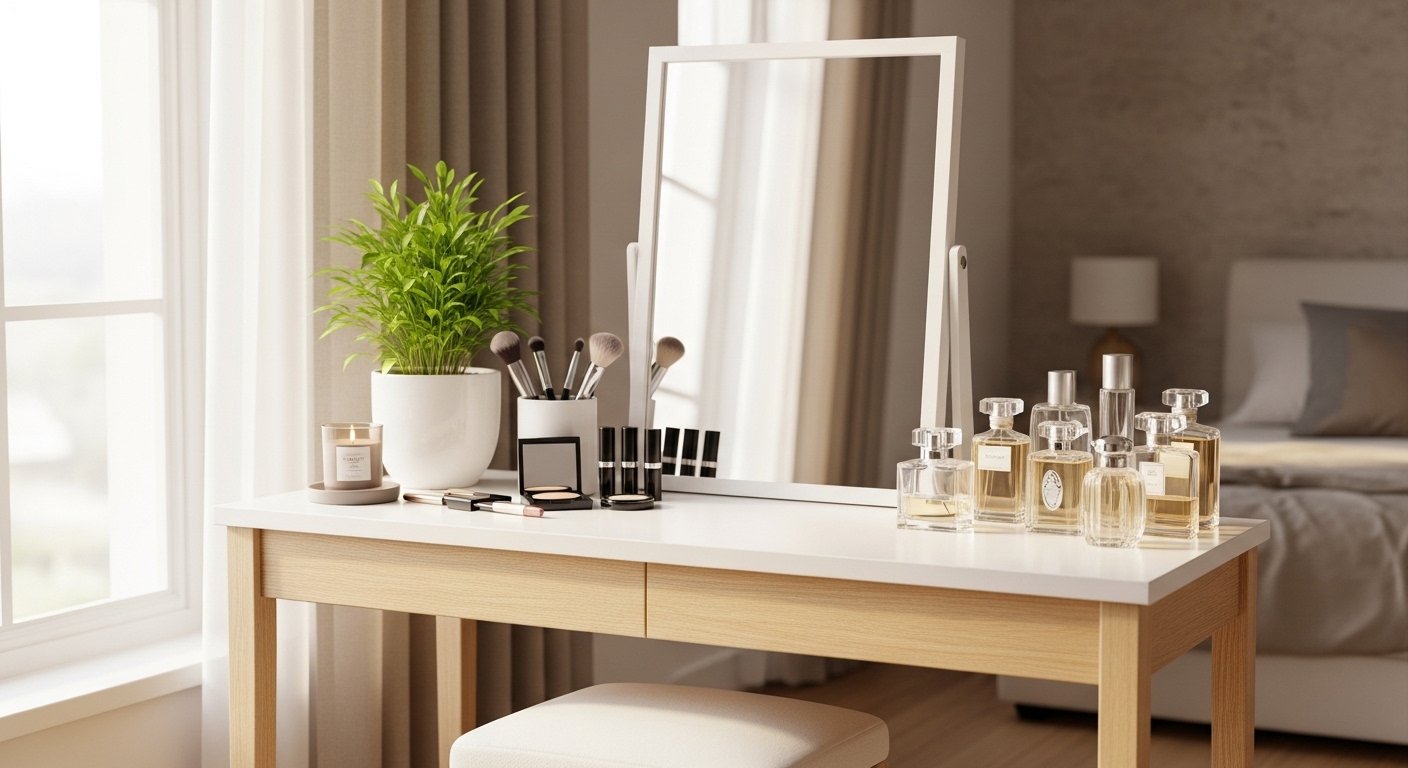 Functional vanity table setup with mirror, lighting, and organized decor in a bright bedroom