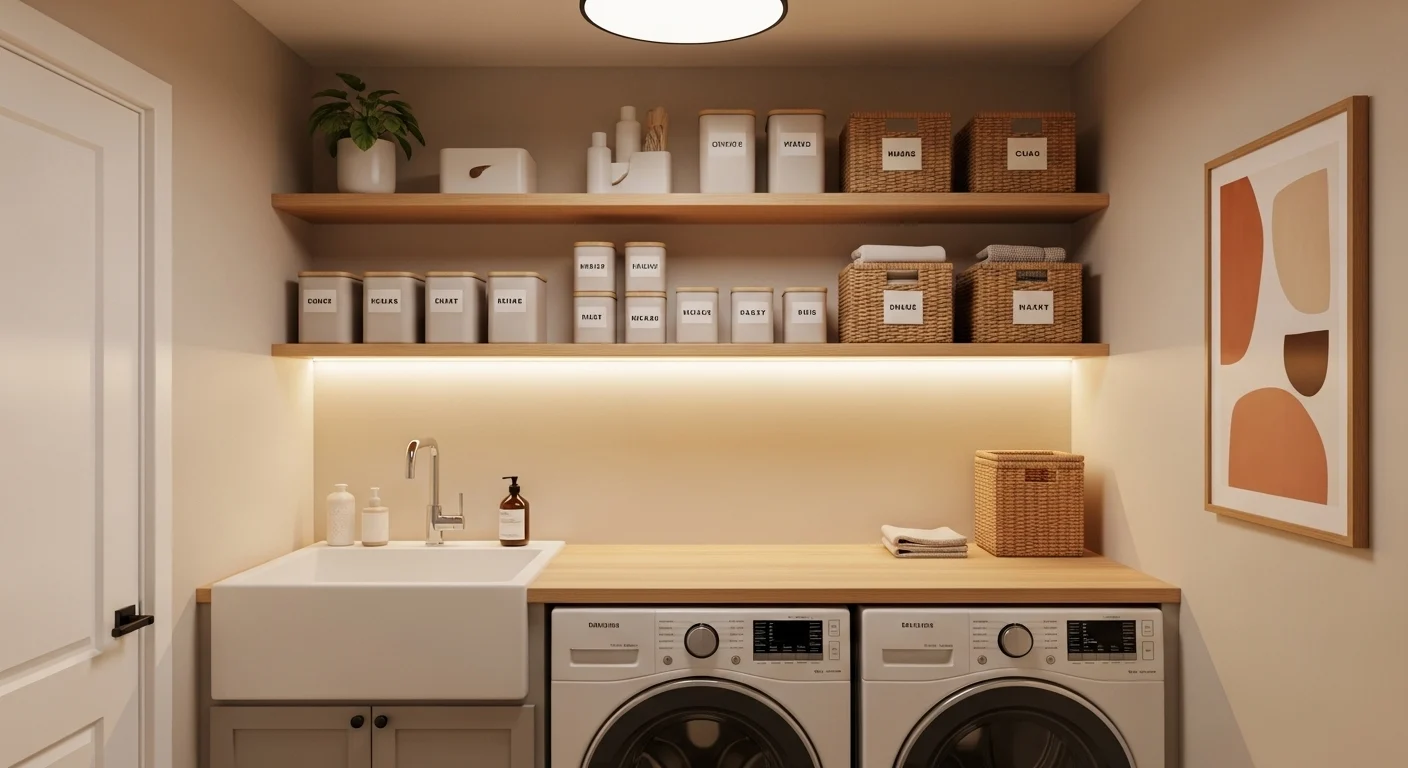 Organized laundry room with shelves, baskets, and smart storage solutions