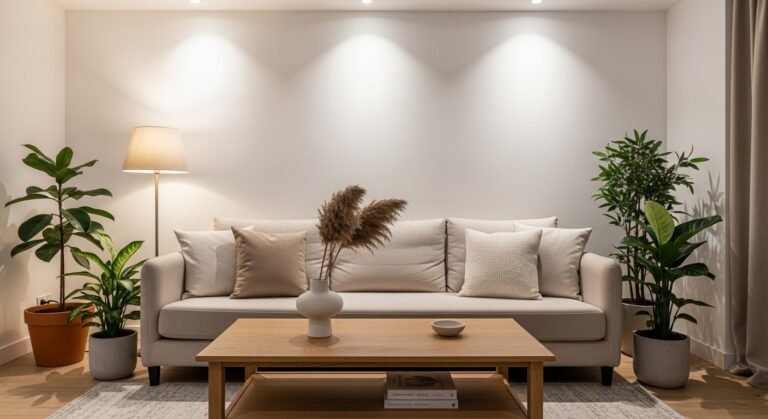 Modern living room interior design with neutral colors, cozy sofa and stylish decor