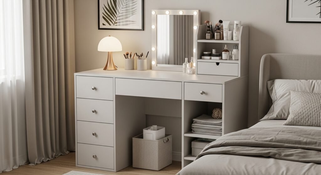 Compact vanity table with storage drawers and neat organization