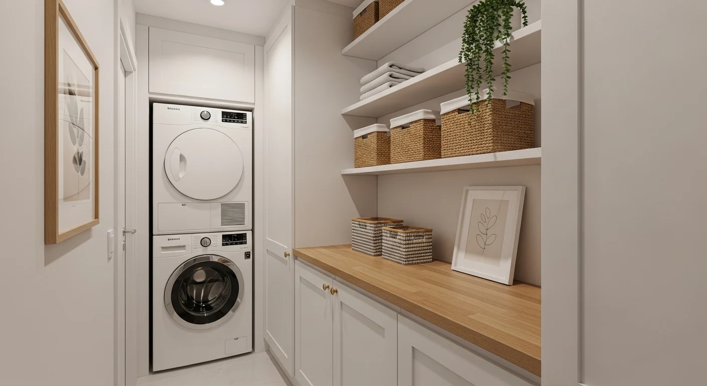 Narrow laundry room ideas with stacked washer dryer and smart storage solutions
