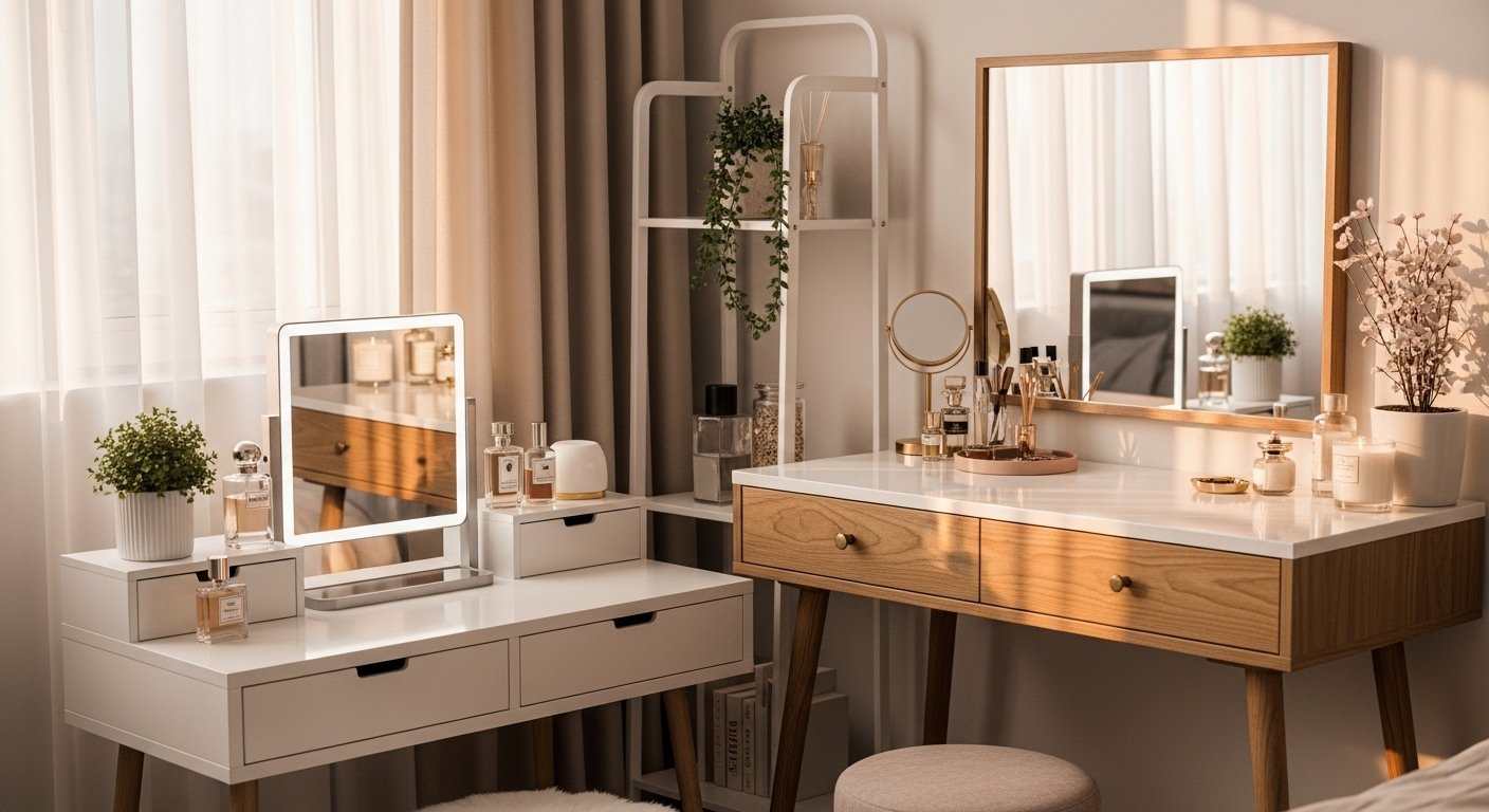 Beautiful vanity table ideas styled in a modern bedroom with soft lighting and decor accents