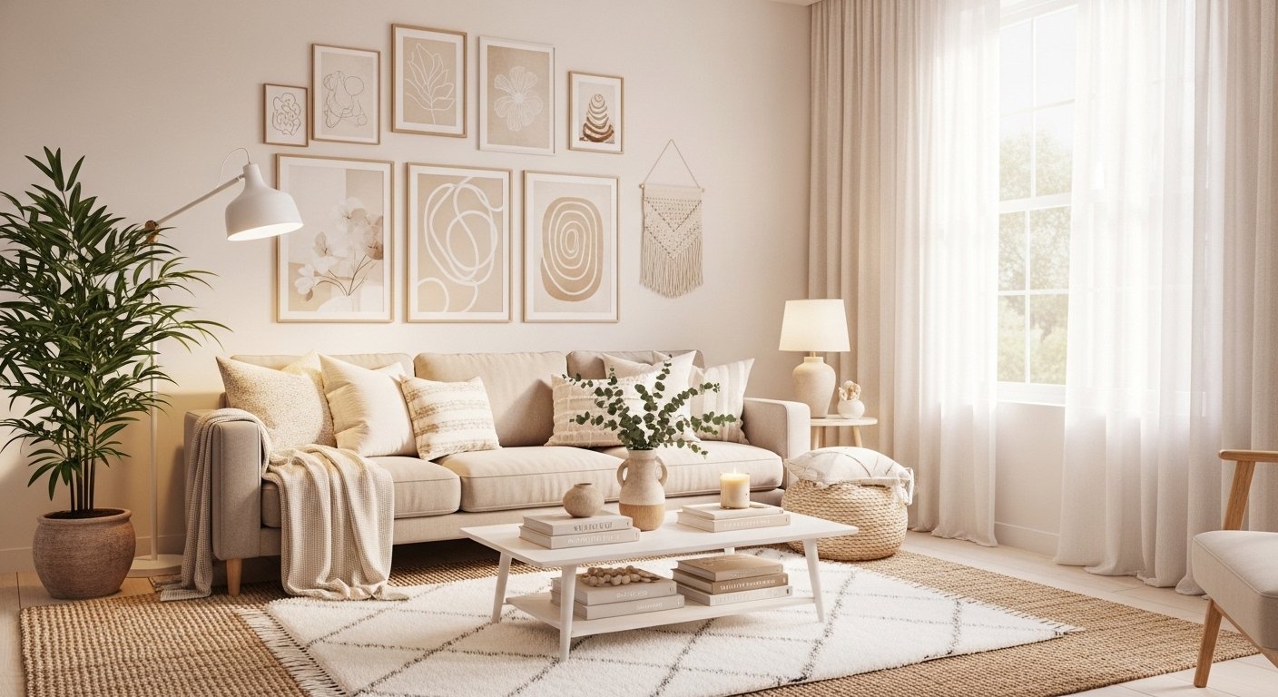 Modern home decor ideas with neutral tones, plants, lighting, and stylish furniture setup