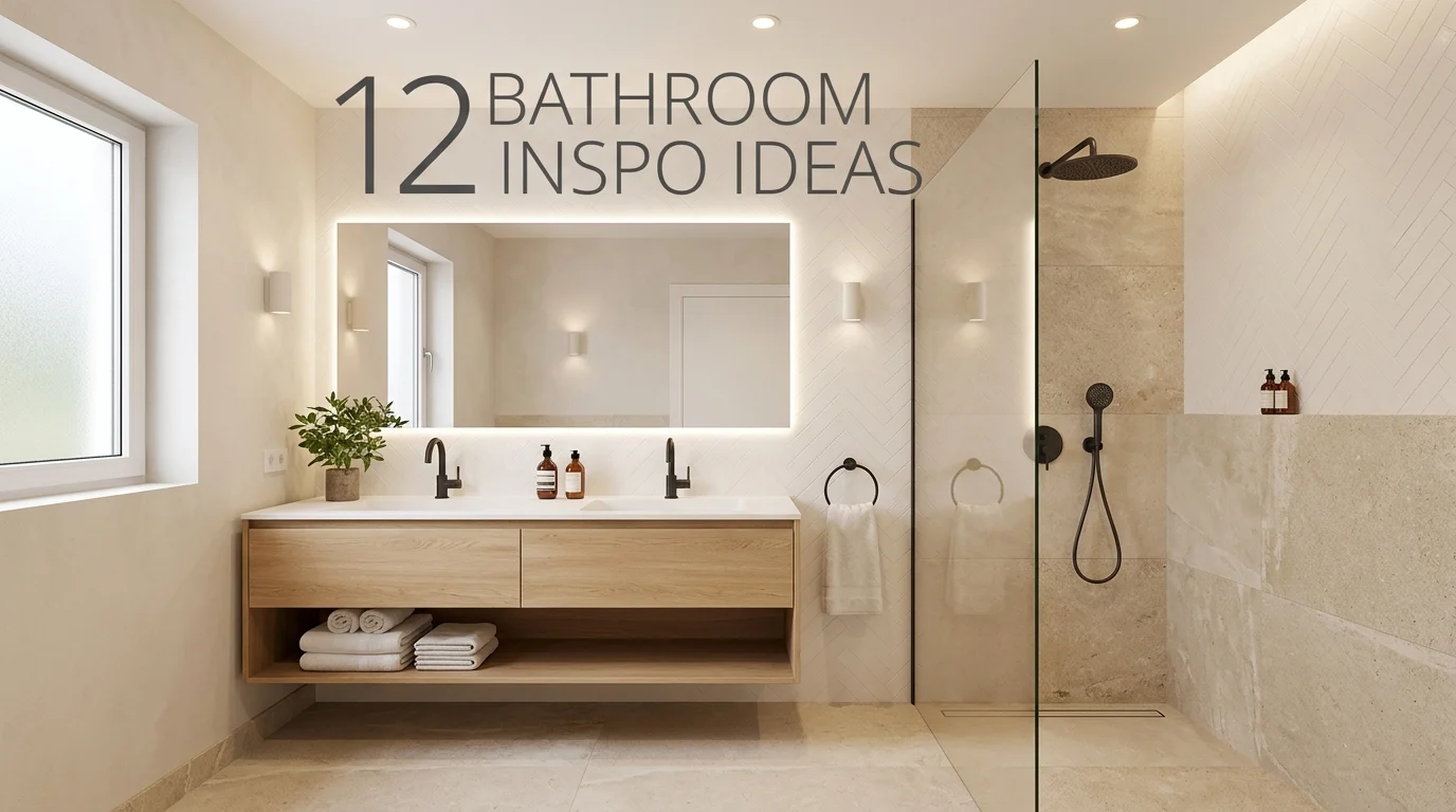 Modern bathroom renovation with floating vanity, walk-in shower, and warm neutral decor