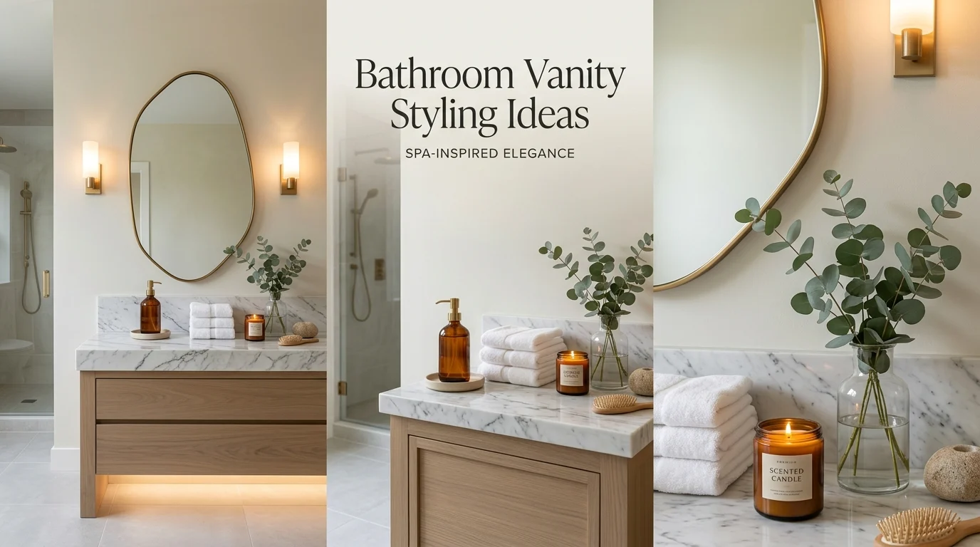 Luxury bathroom vanity styling with candles, folded towels, greenery, and elegant countertop decor