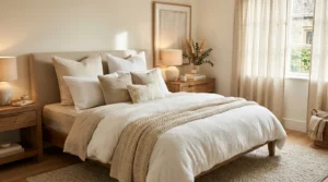 Luxury hotel-style bedroom with layered neutral bedding and cozy lighting