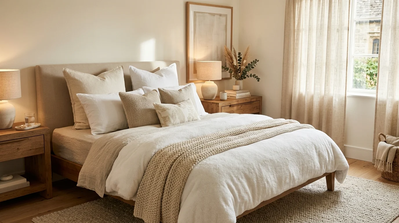 Luxury hotel-style bedroom with layered neutral bedding and cozy lighting