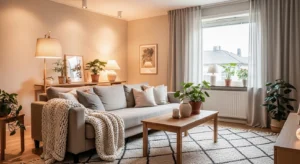 Cozy Scandinavian living room with warm neutral decor and light wood furniture
