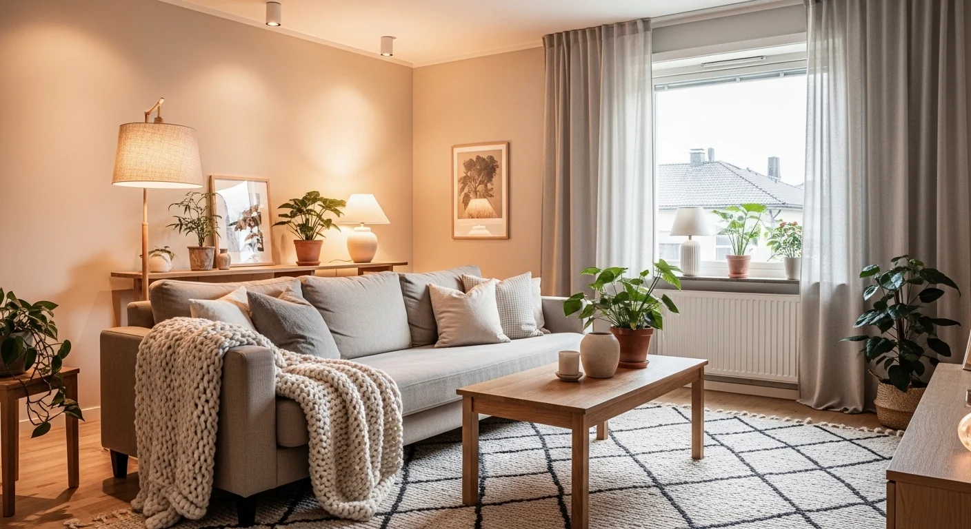 Cozy Scandinavian living room with warm neutral decor and light wood furniture
