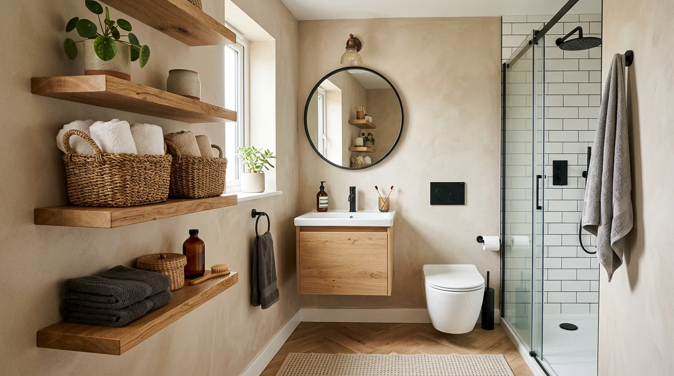 Small bathroom with floating shelves and woven basket storage