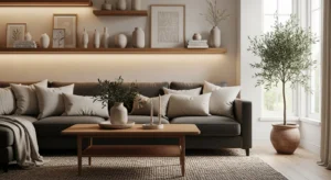 Dark grey couch styled with warm neutral decor in modern living room