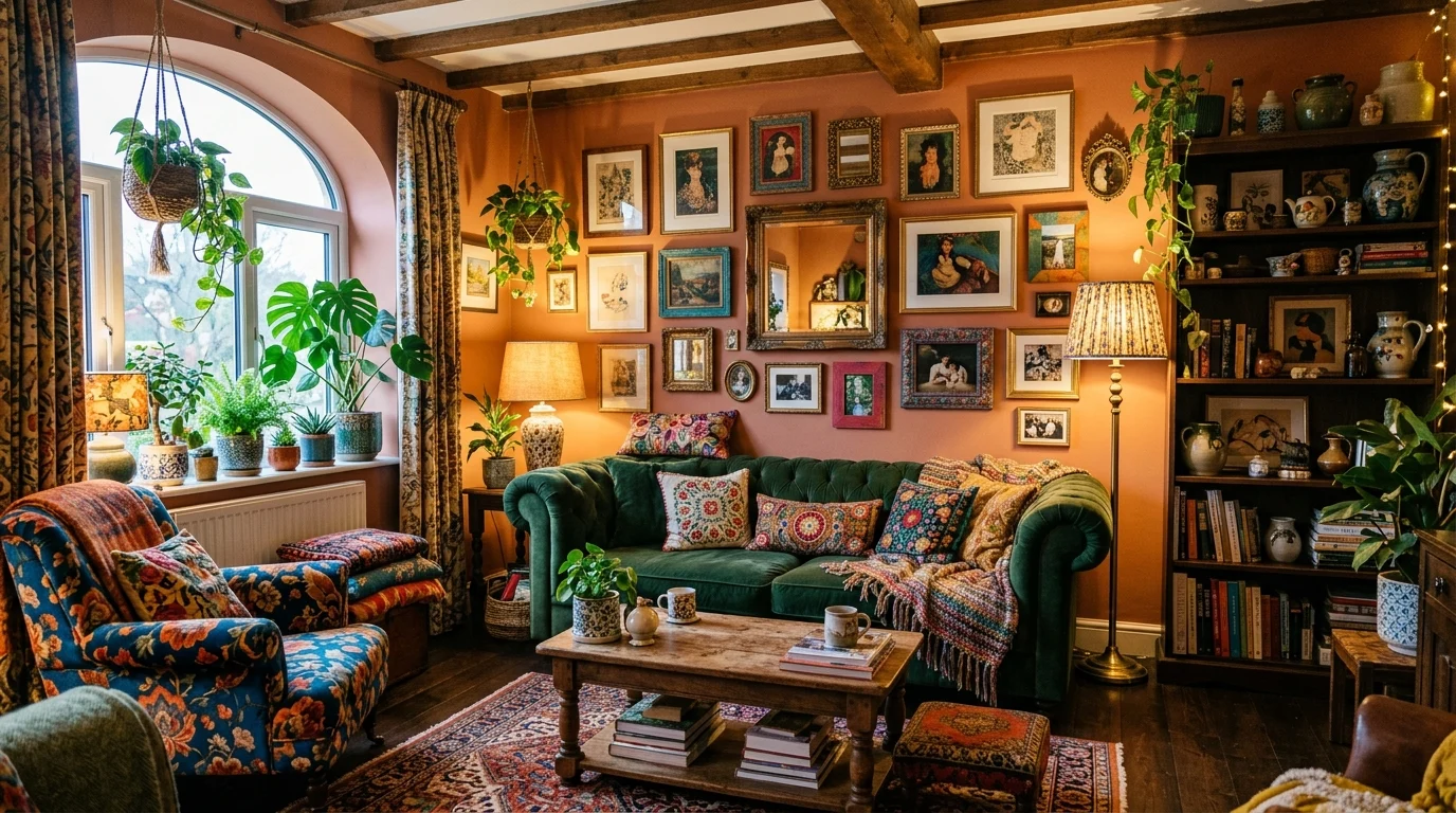 Cozy maximalist living room with bold colorful decor