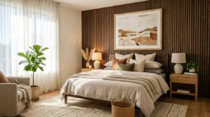 Modern cozy bedroom with stylish accent wall and layered neutral decor