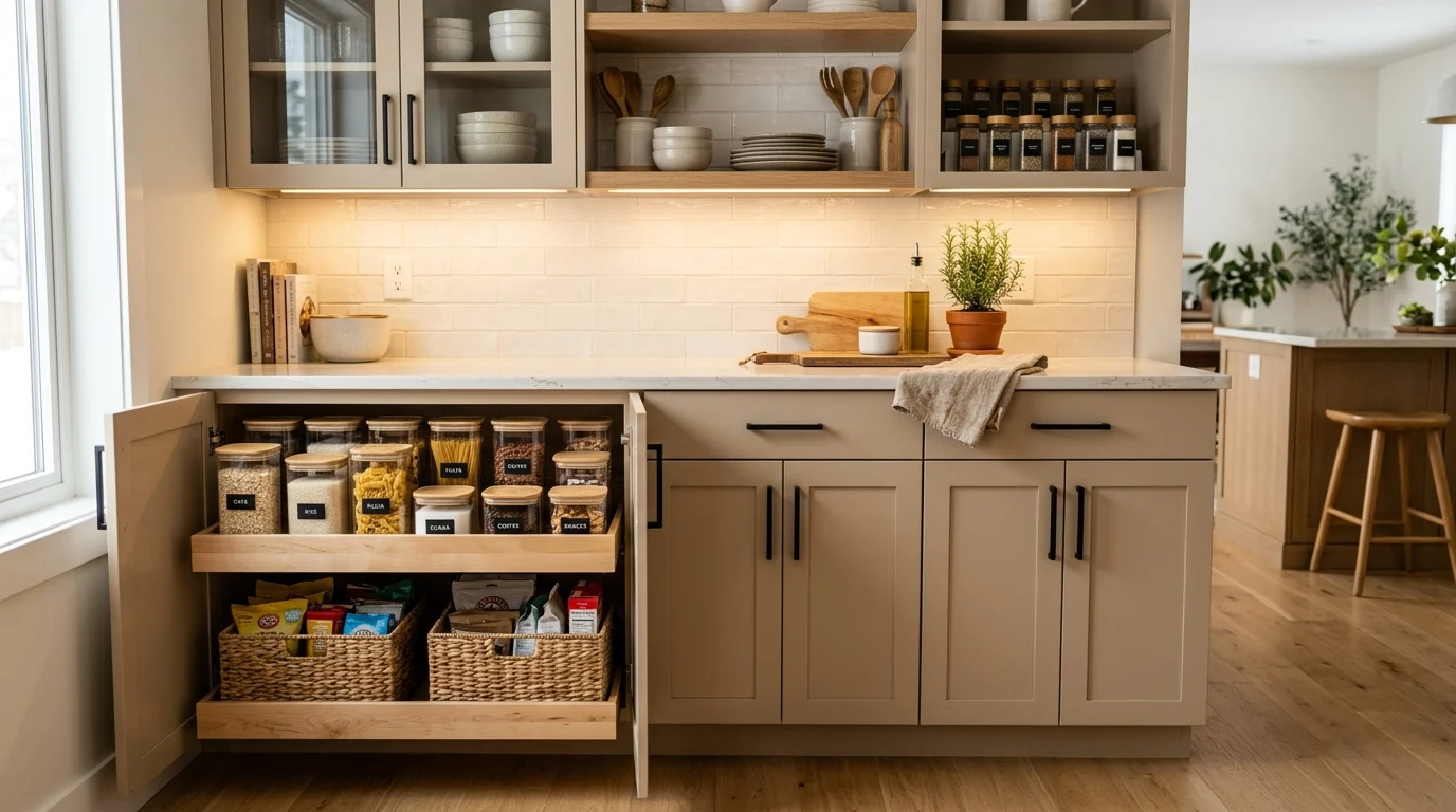 Cozy organized kitchen cabinets with warm neutral storage styling