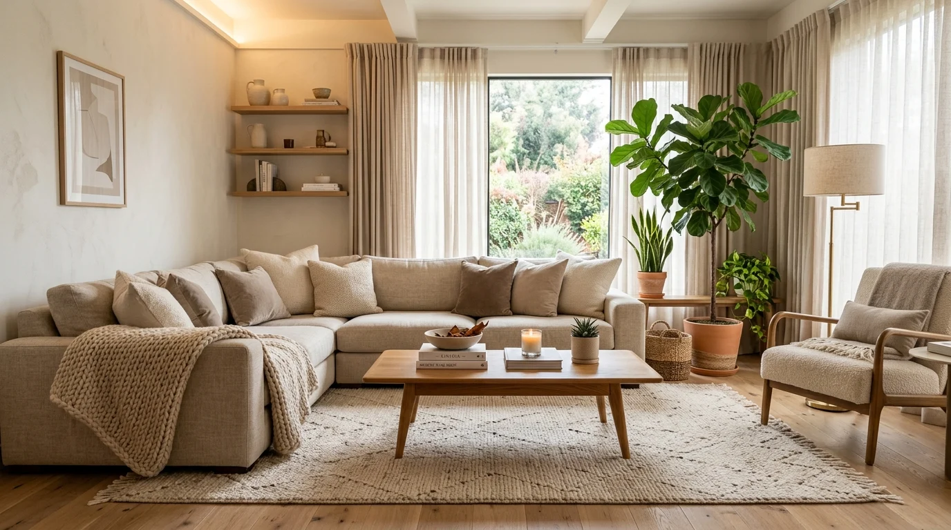 Modern living room inspo with cozy neutral decor and warm textures