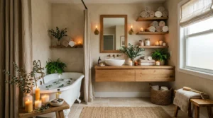 Spa-inspired bathroom with warm wood textures and cozy neutral decor