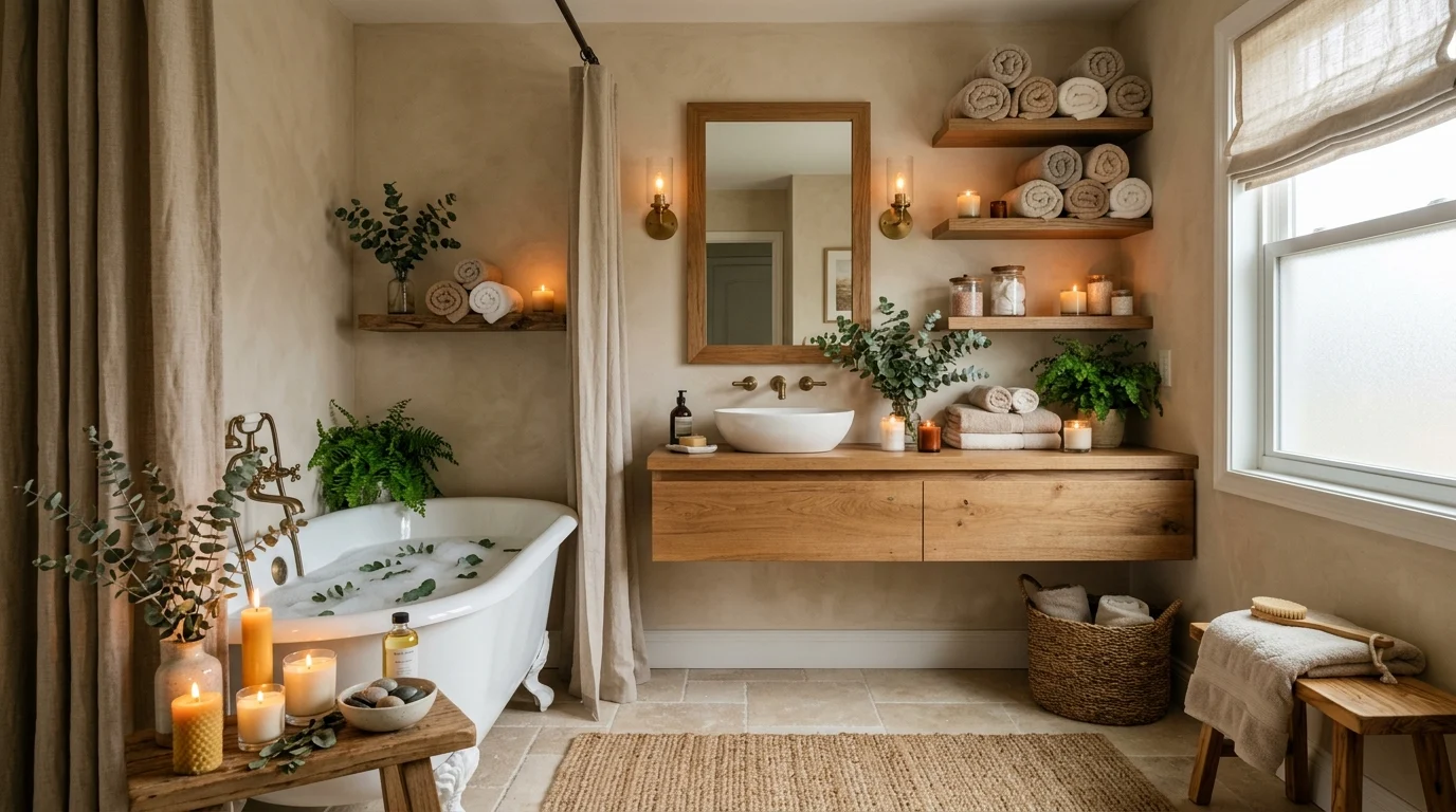 Spa-inspired bathroom with warm wood textures and cozy neutral decor