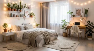 Cute cozy room with fairy lights, soft bedding, and warm decor