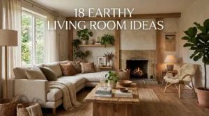 Earthy living room with natural materials, warm textures, and cozy organic decor