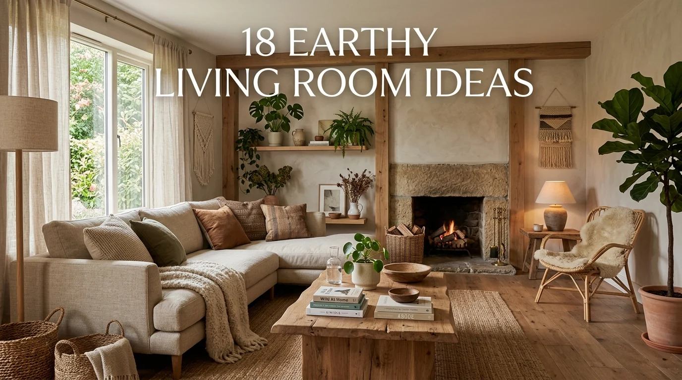 Earthy living room with natural materials, warm textures, and cozy organic decor