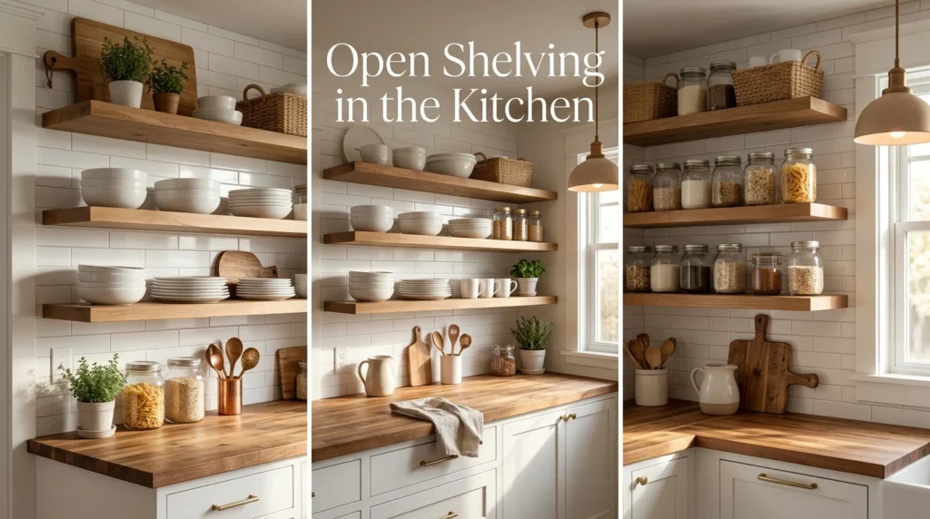 Modern kitchen with open shelving, white dishes, and warm natural decor