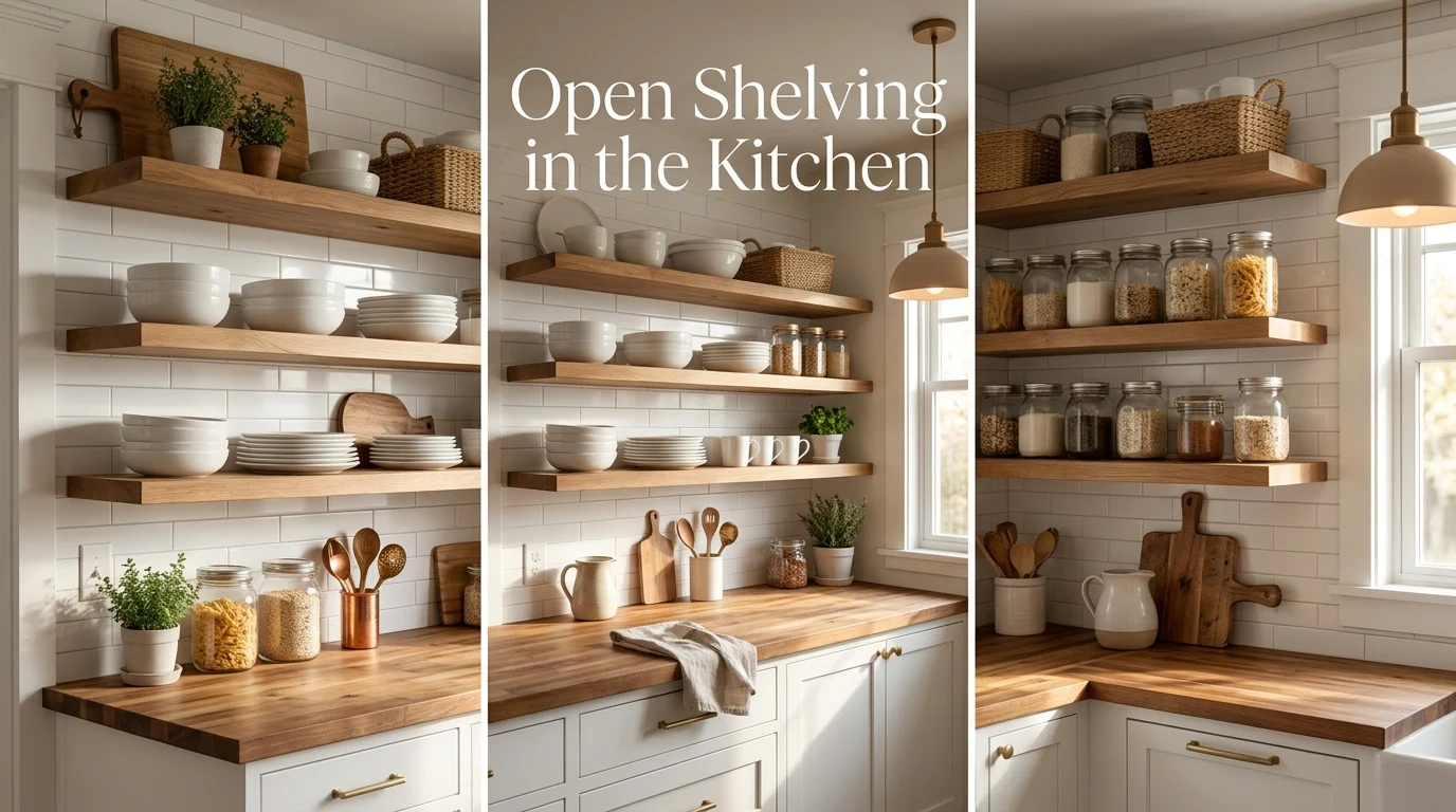 Modern kitchen with open shelving, white dishes, and warm natural decor