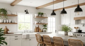 Modern farmhouse kitchen with rustic wood accents and cozy neutral decor