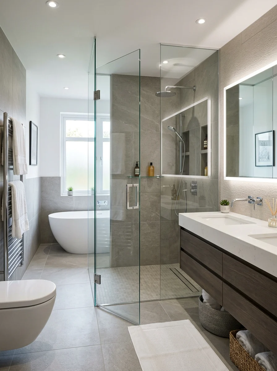 Frameless glass shower in a modern minimalist bathroom